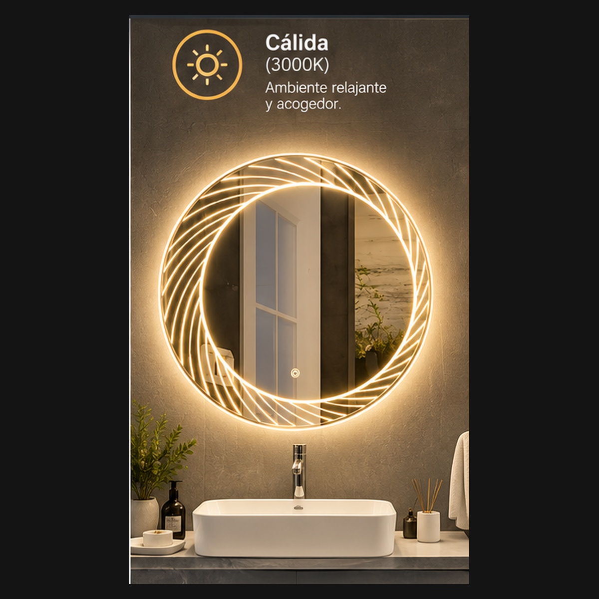 Espejo LED Redondo Líneas Curvas - Luz cálida (5000K)