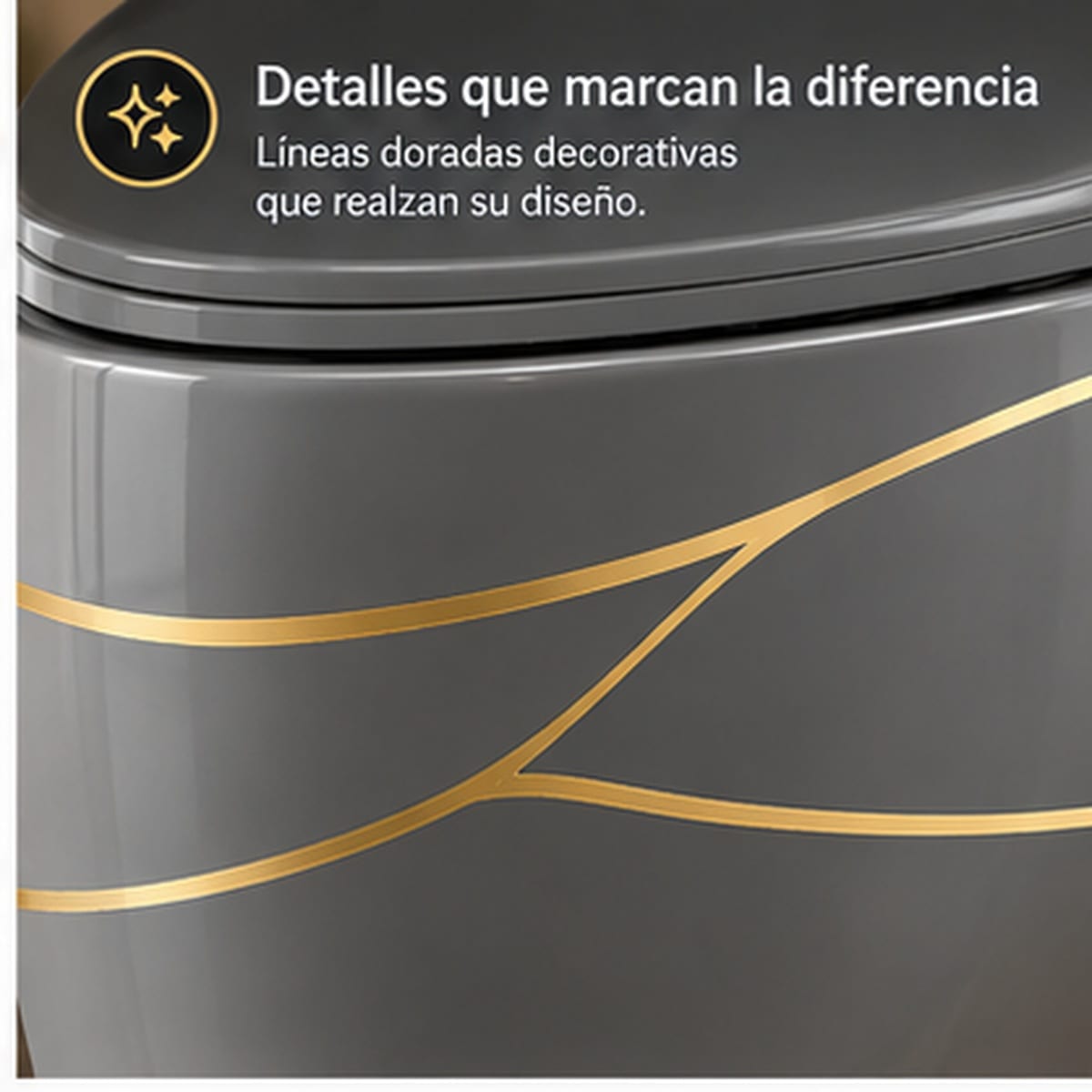 Inodoro Gris Brillante - detalle líneas doradas
