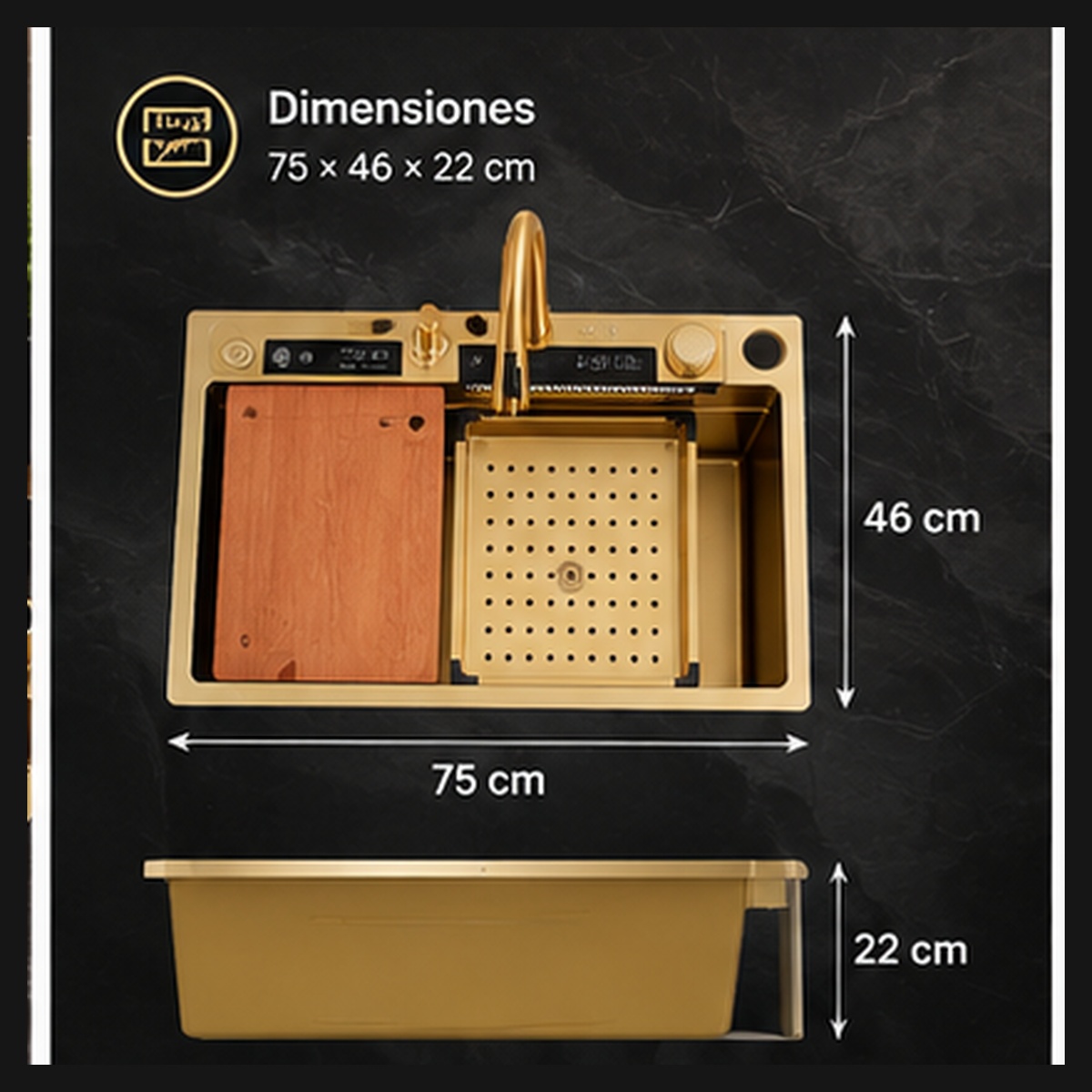 Lavaplatos Dorado Inteligente - dimensiones 75x46x22cm