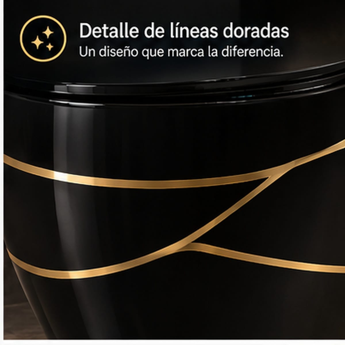 Inodoro Lujo Negro Brillante - detalle líneas doradas