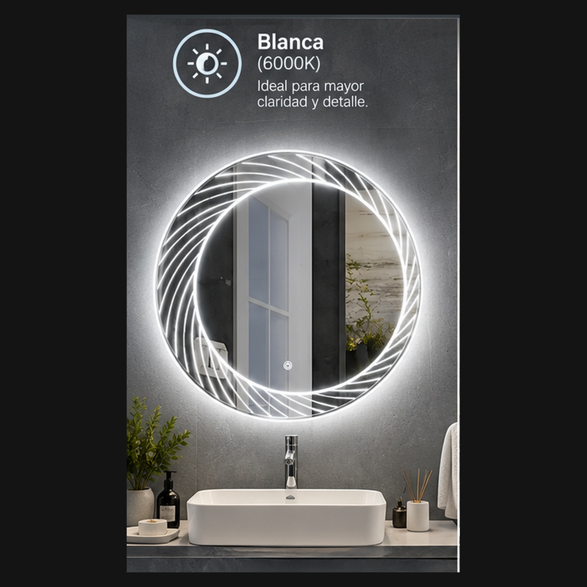 Espejo LED Redondo Líneas Curvas - Luz blanca (6000K)