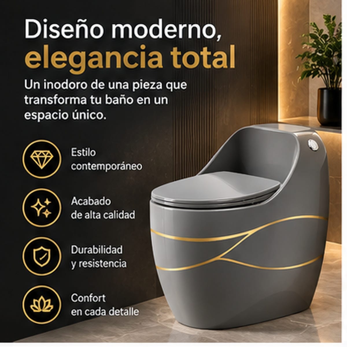 Inodoro Gris Brillante Detalles Dorados - vista principal