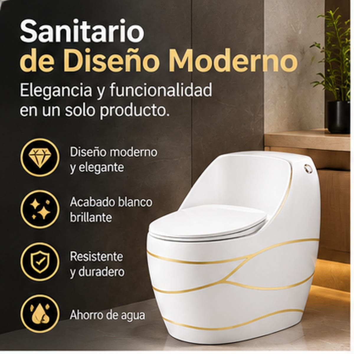 Sanitario de Diseño Moderno Blanco y Dorado - vista principal