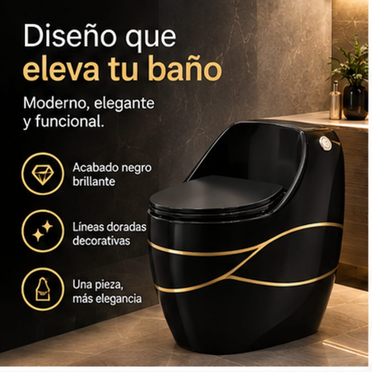 Inodoro Lujo Negro Brillante Detalles Dorados - vista principal