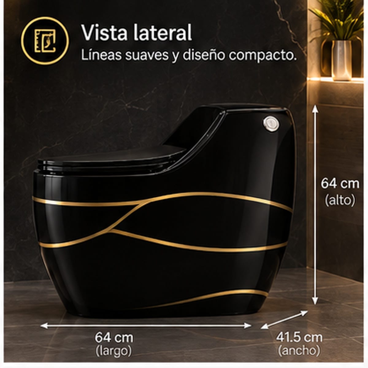 Inodoro Lujo Negro Brillante - dimensiones 64x64x41.5cm