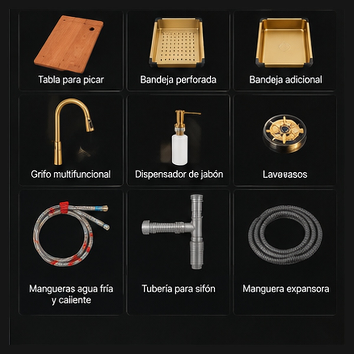 Lavaplatos Dorado Inteligente - accesorios incluidos