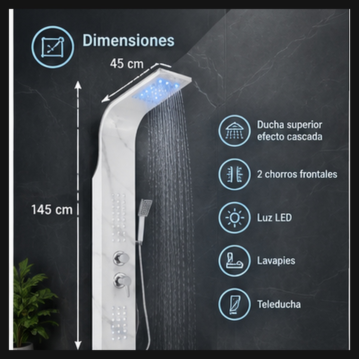 Ducha Torre Blanco Carrara - dimensiones 145x45x20cm