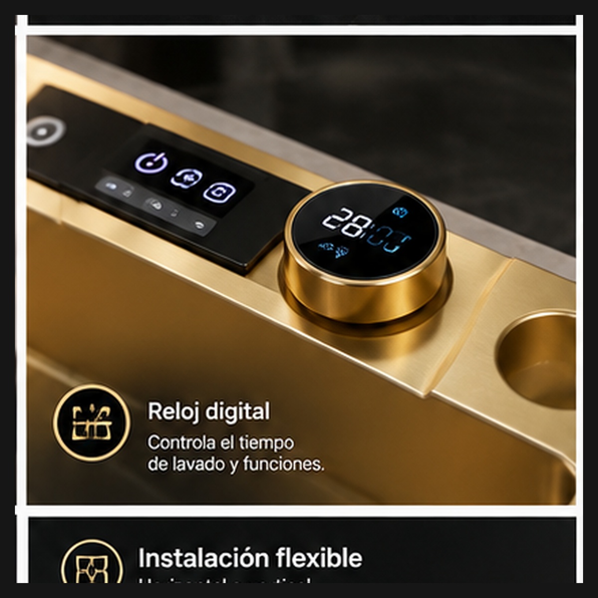 Lavaplatos Dorado Inteligente - panel táctil con reloj digital
