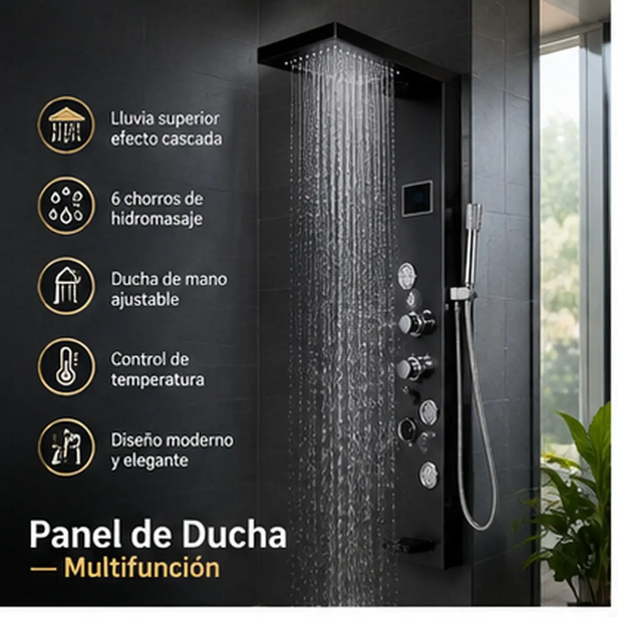 Panel de Ducha Multifuncional Negro - Vista frontal en funcionamiento