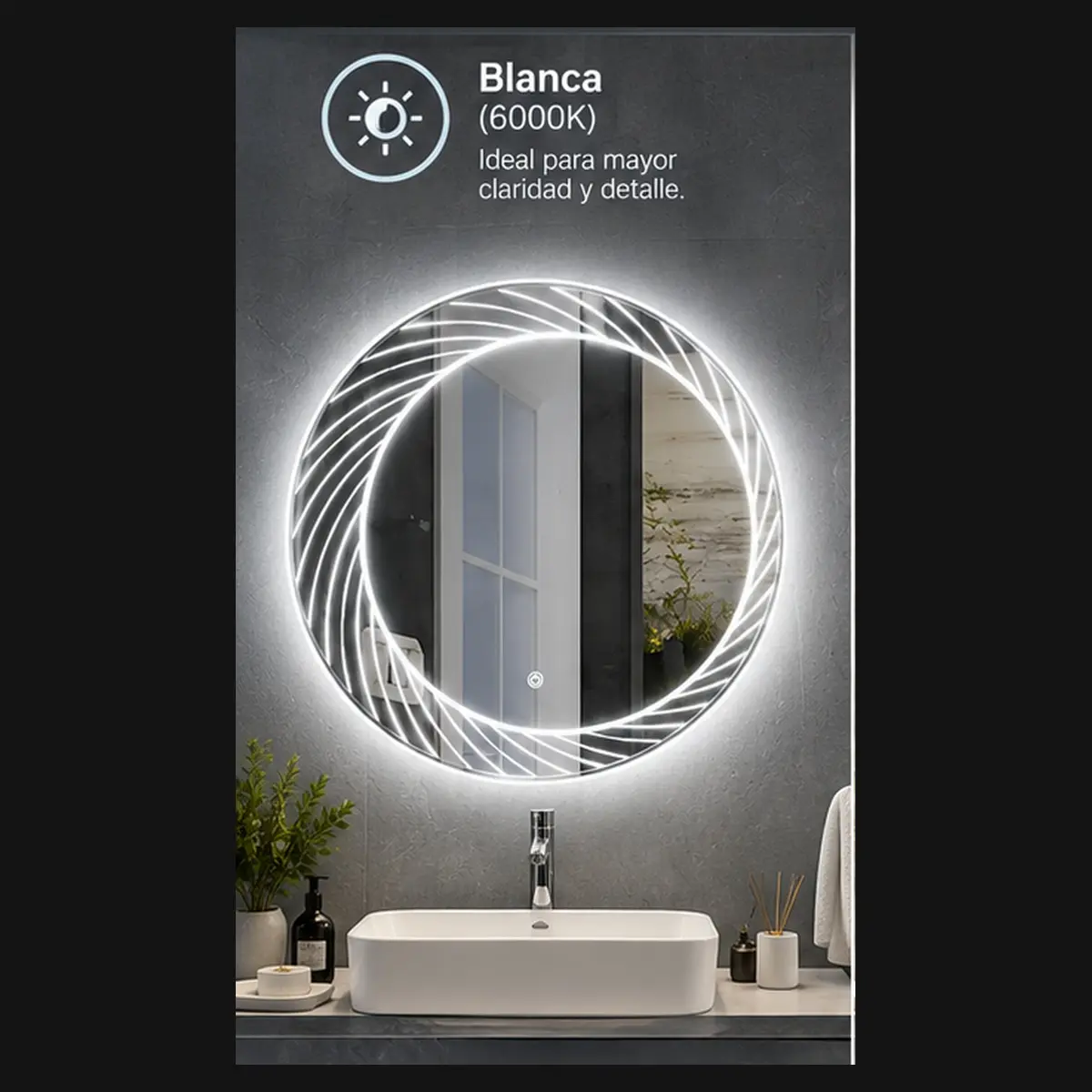 Espejo LED Redondo Líneas Curvas - Luz blanca (6000K)