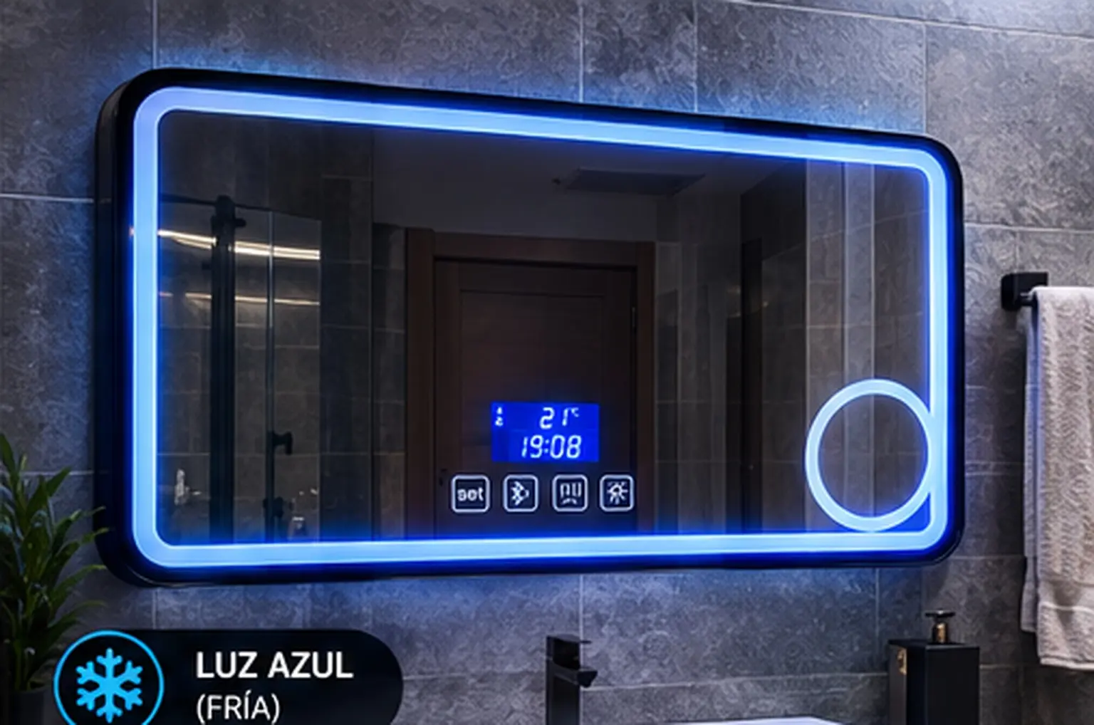 Espejo Inteligente LED Azul - luz encendida