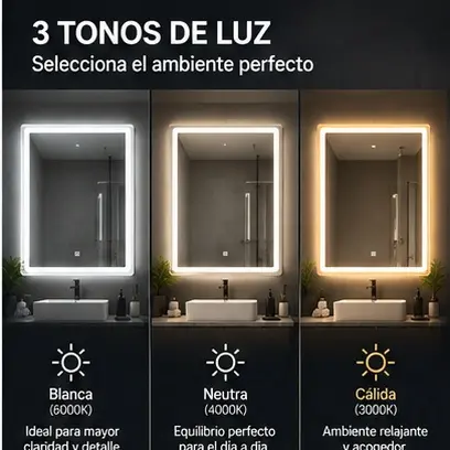 Espejo LED Rectangular Blanca - 3 tonos de luz seleccionables