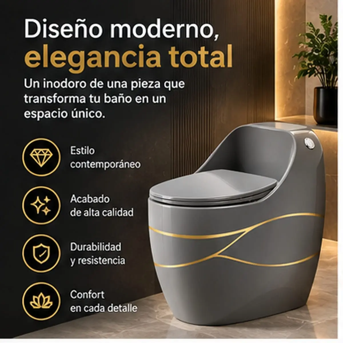 Inodoro Gris Brillante Detalles Dorados - vista principal