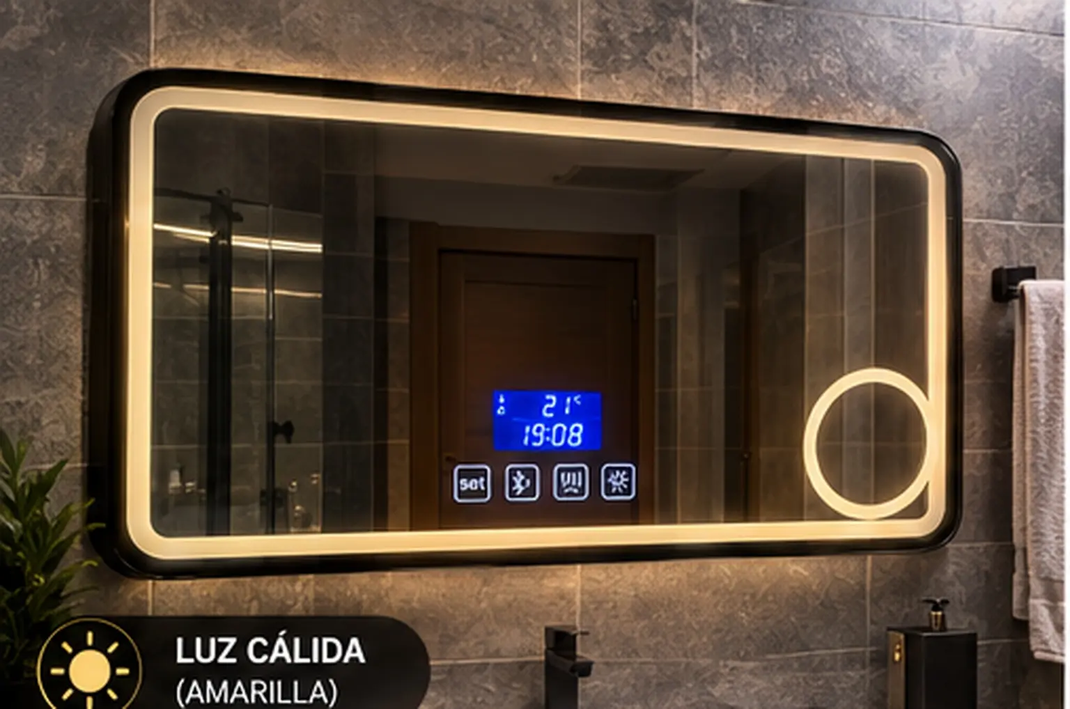 Espejo Inteligente LED Amarillo - luz encendida